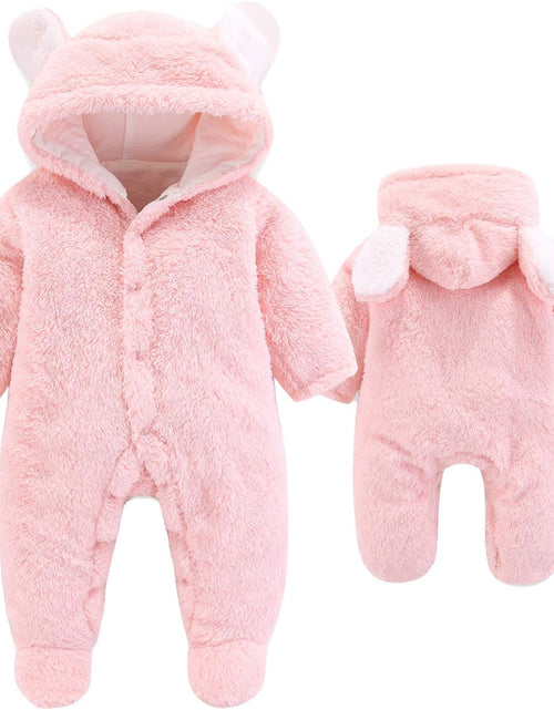 Load image into Gallery viewer, Newborn Baby Cartoon Bear Snowsuit Warm Fleece Hooded Romper Jumpsuit
