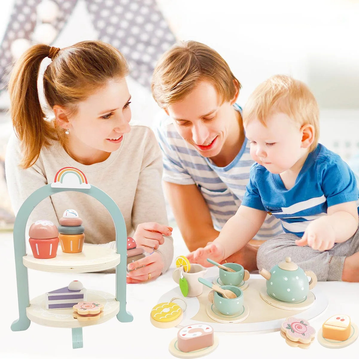 Tea Party Set for Little Girls, Wooden Tea Set with Cake Stand, Food Pretend Play Accessories Kids Kitchen Playset Wooden Toys for 2 3 4 5 6 Year Old Girl Birthday Gift